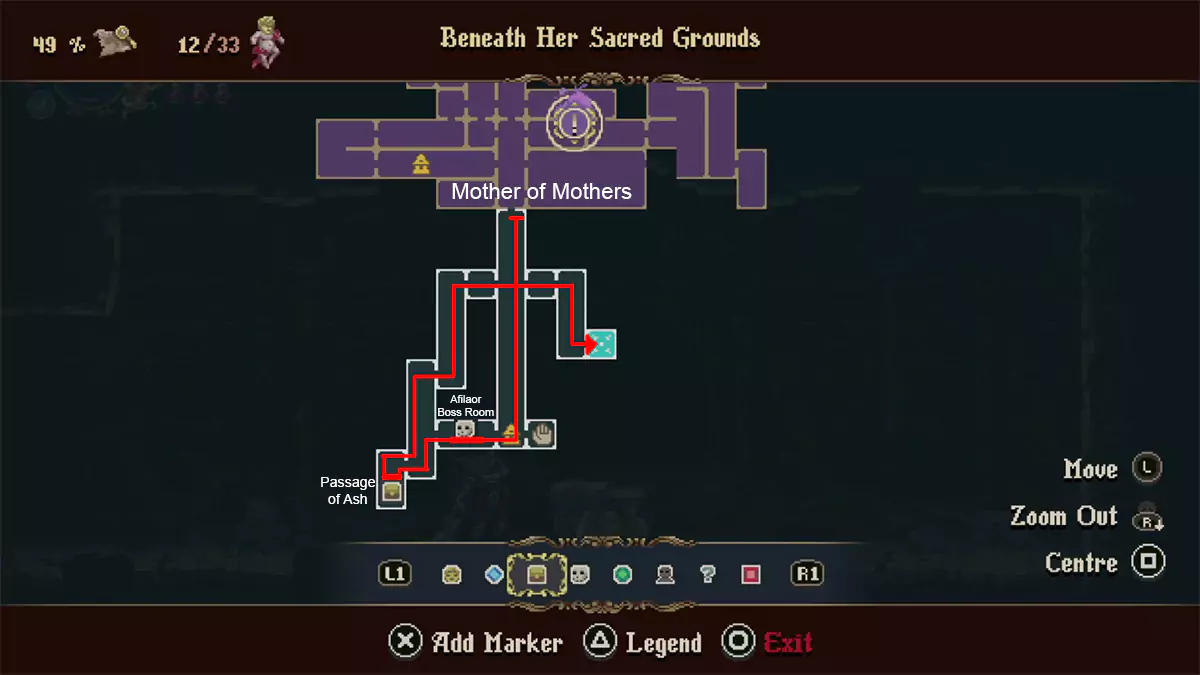 A route marked in red on the map that shows the path to get to the level 2 upgrade for the Ruego Al Alba.