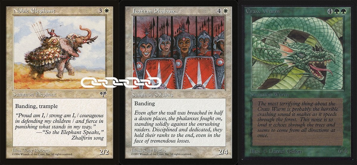Two white creatures with Banding on the center and left while a green creature is on the right. There's a white chain connecting the two cards with Banding. All three cards are from Magic: The Gathering.