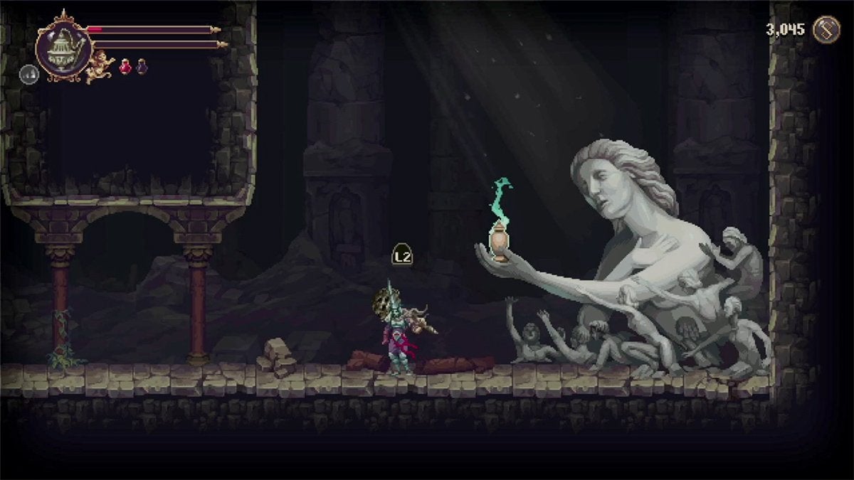 A player about to get the Ivy of Ascension from a large statue holding a jar in its outstretched hand.