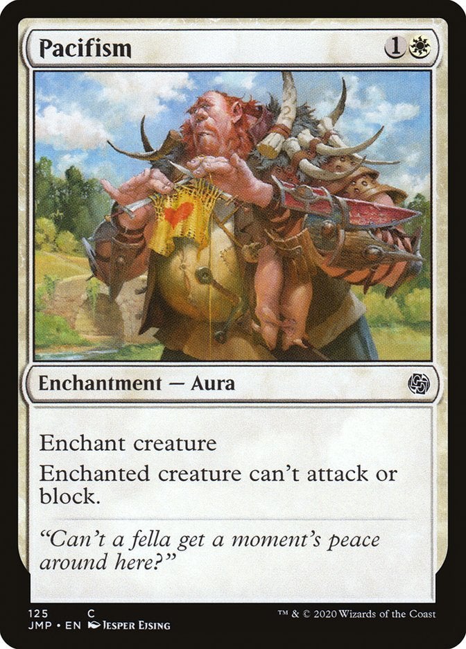 A white enchantment card in Magic: The Gathering named Pacifism that prevents a target creature from attacking or blocking.