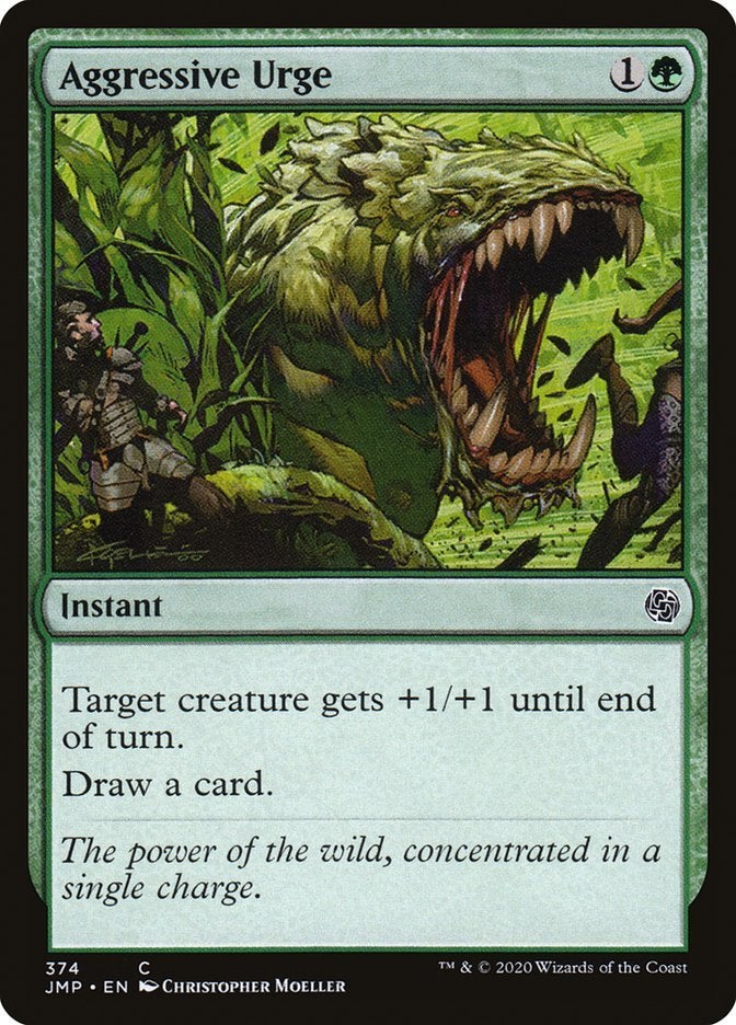A green instant card from Magic: The Gathering that gives a target creature +1/+1 and lets its controller draw a card.