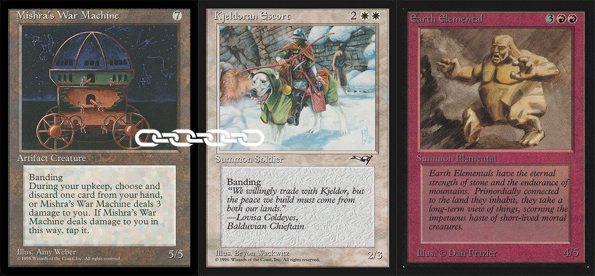Two white creatures with Banding on the center and left while a red creature is on the right. There's a white chain connecting the two cards with Banding. All three cards are from Magic: The Gathering.