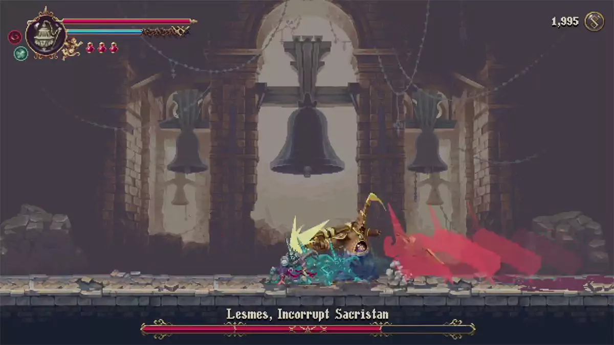 Lesmes charging at the player and hitting them with a club-like weapon.
