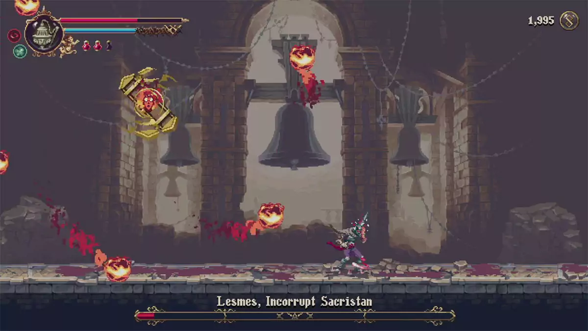 Lesmes changing form into a floating fireball surrounded by lesser fireballs.
