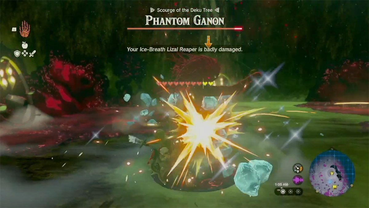 Link hitting a red Phantom Ganon with a weapon that immediately breaks.
