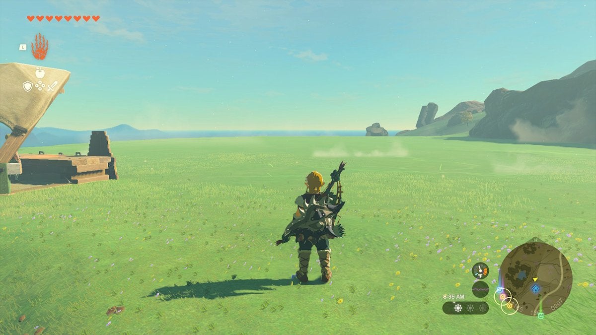 Link looking at a green field. Here is where players can build Link's House in Zelda: Tears of the Kingdom.