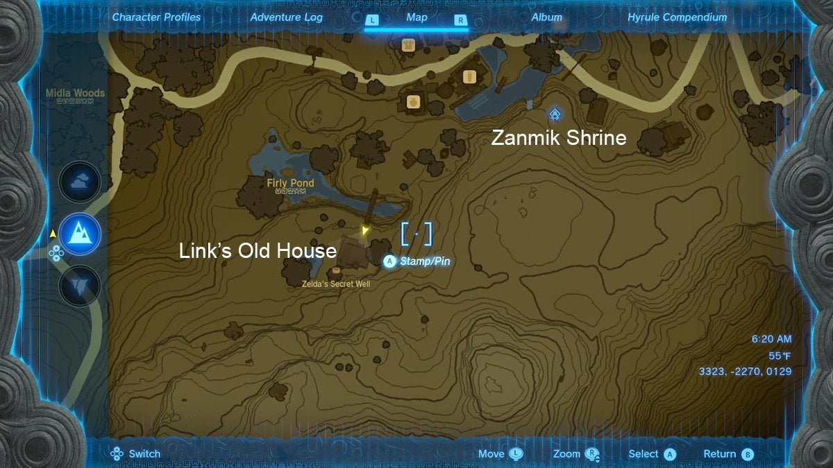 The map location of Link's old house southwest of Zanmik Shrine.