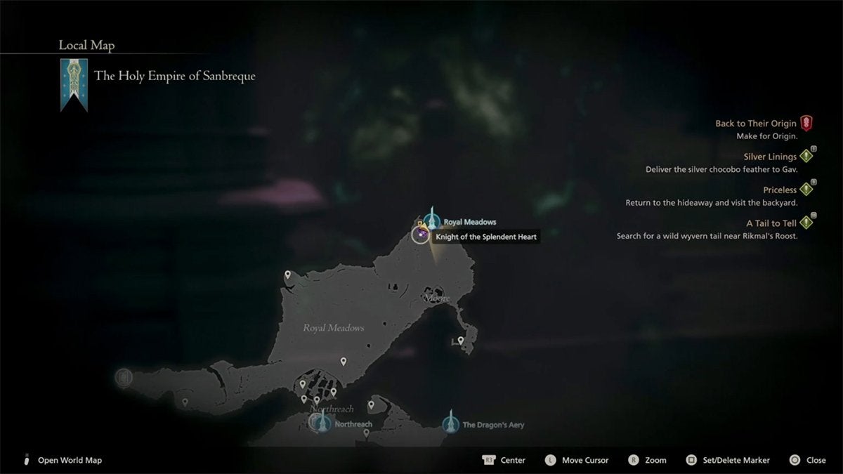The location of the Knight of the Splendent Heart hunt within the Holy Empire of Sanbreque in Final Fantasy 16.