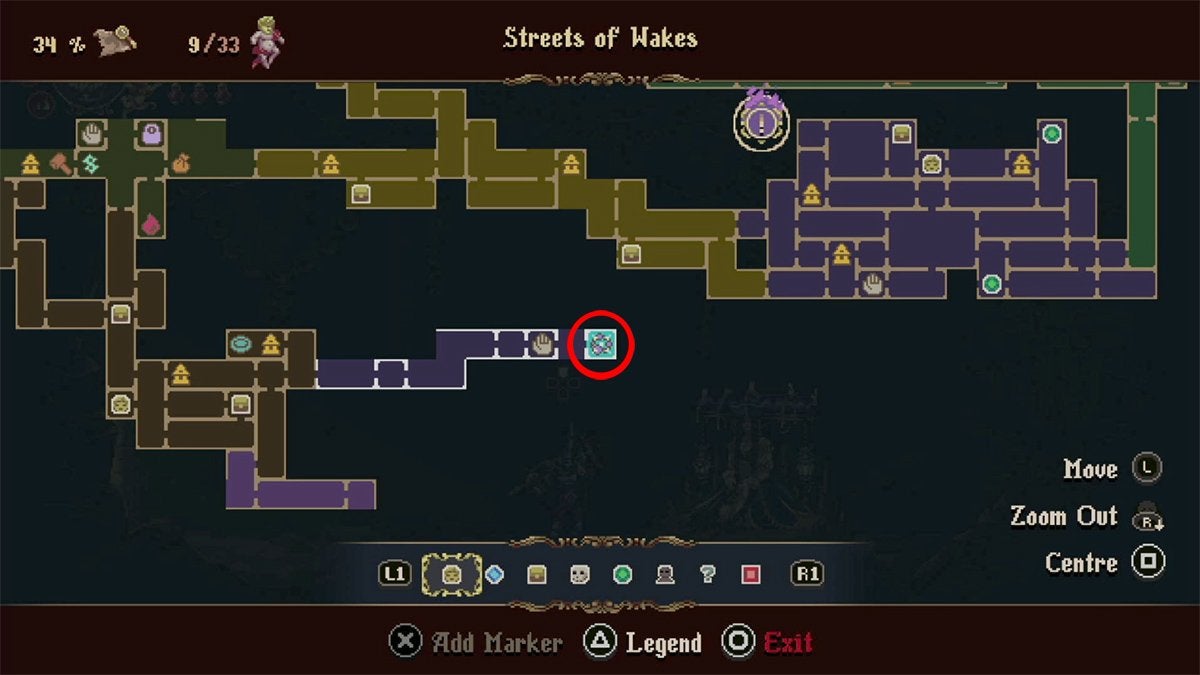 Location of the Rosary Upgrade room outlined in red on the Blasphemous 2 map.