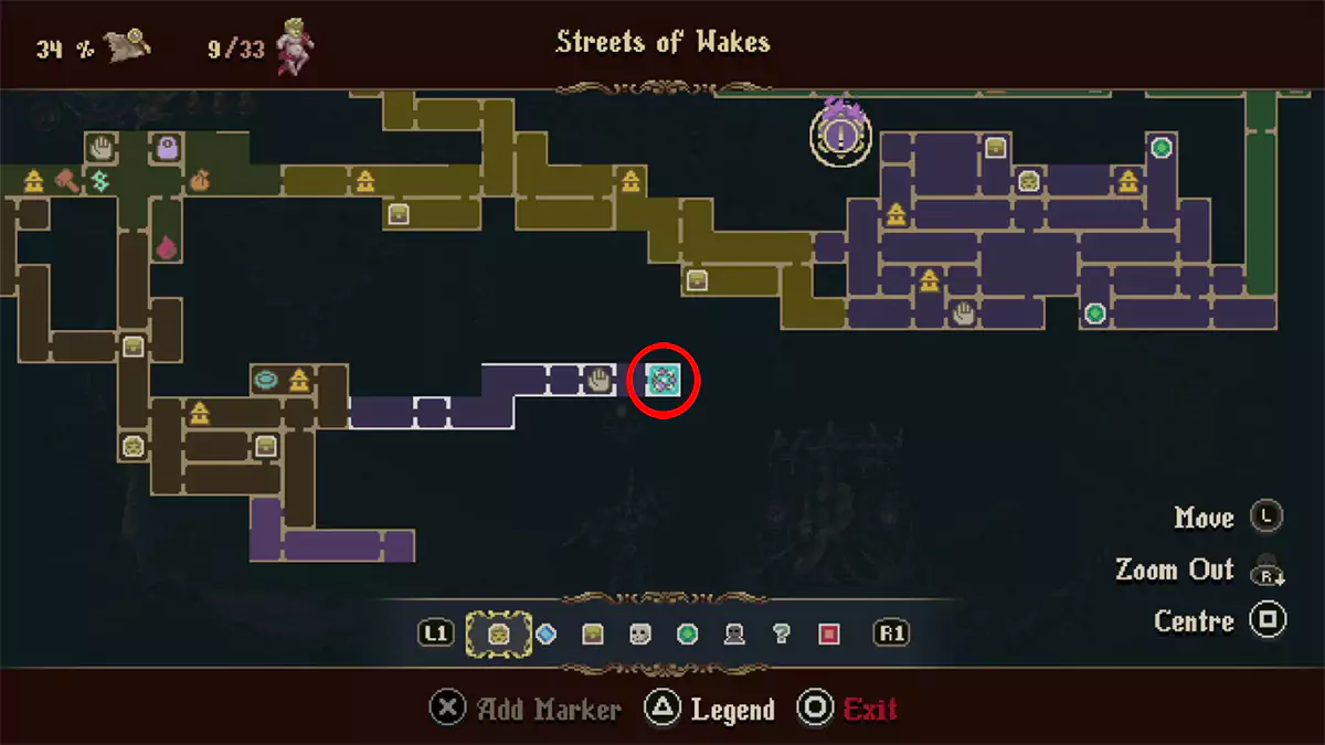 Location of the Rosary Upgrade room outlined in red on the Blasphemous 2 map.