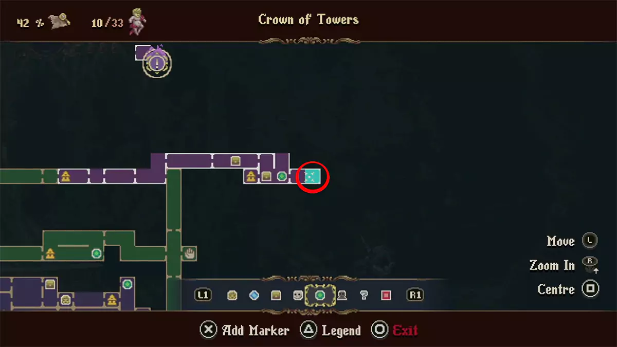 The map location where the player can find the Ruego Al Alba sword marked with a red circle.