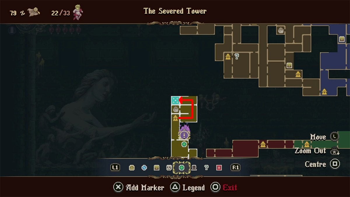 A red arrow on the map showing the way to get to the room housing the Scion's Protection ability.