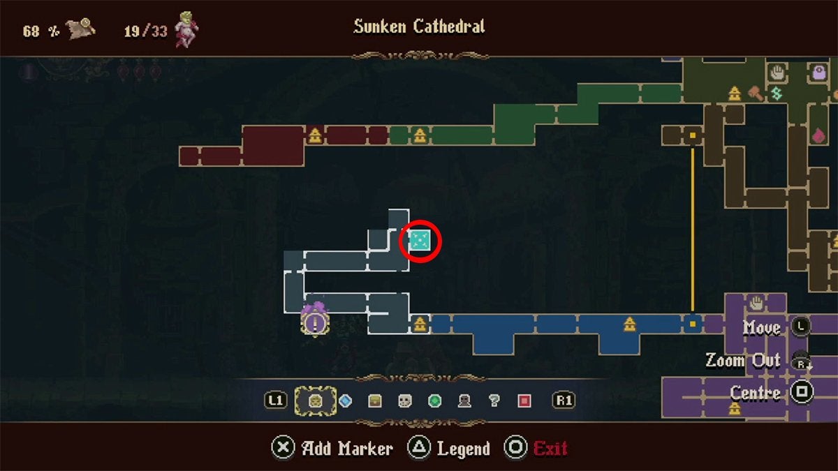 A red circle on the map showing where players can find the level 3 upgrade statue for Veredicto in the Sunken Cathedral.