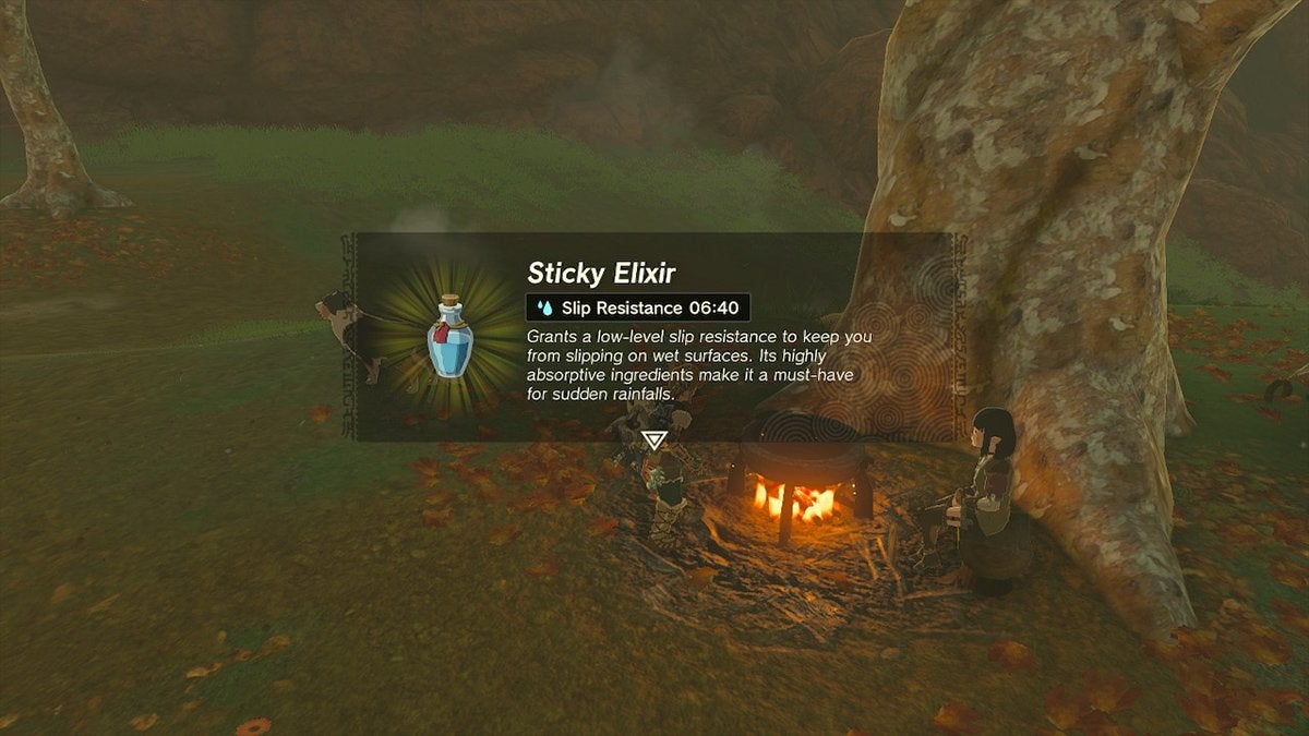 A player making a Sticky Elixir at a cooking pot in The Legend of Zelda: Tears of the Kingdom.