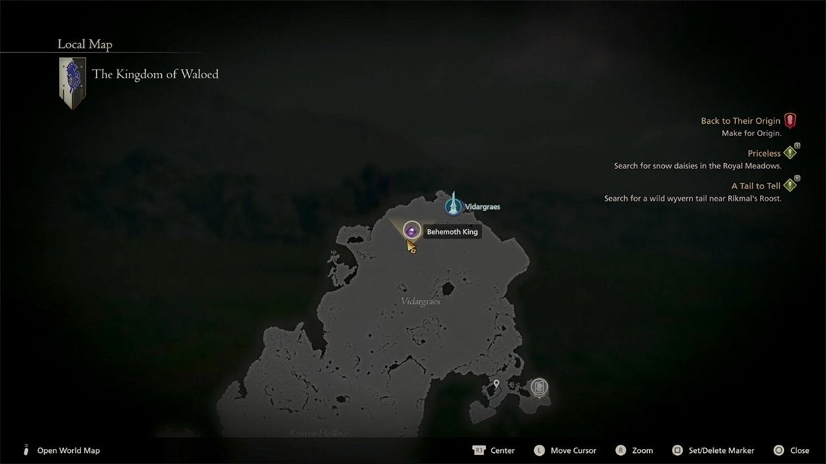The map location of the Behemoth King in the Kingdom of Waloed for the Masterless Marauder hunt in Final Fantasy 16.