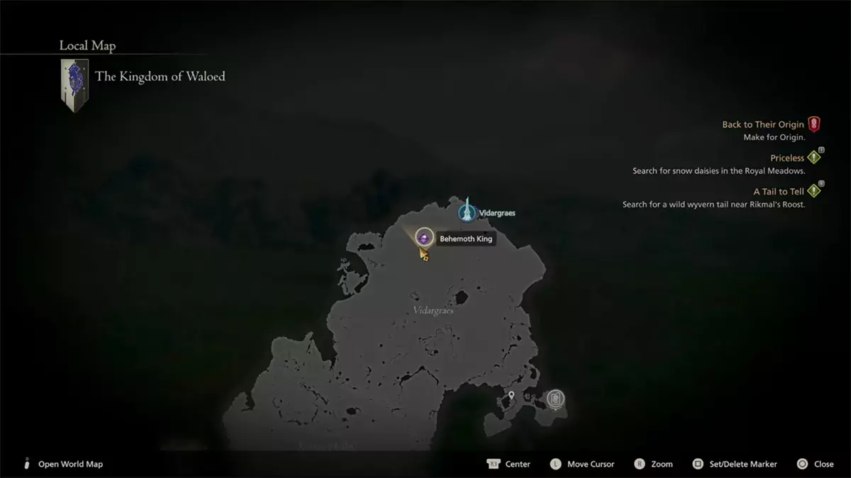 The map location of the Behemoth King in the Kingdom of Waloed for the Masterless Marauder hunt in Final Fantasy 16.