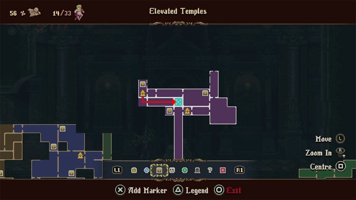 A red arrow on the map showing how to get to the upgrade room for level 2 Veredicto.