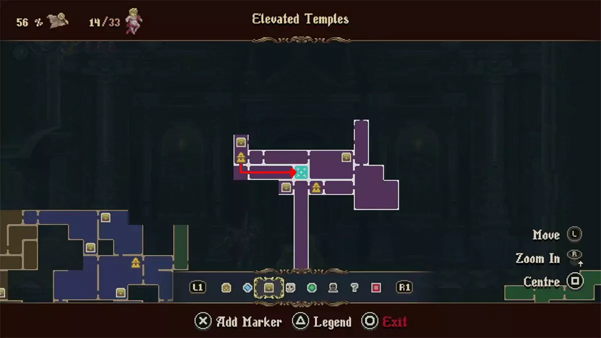 A red arrow on the map showing how to get to the upgrade room for level 2 Veredicto.