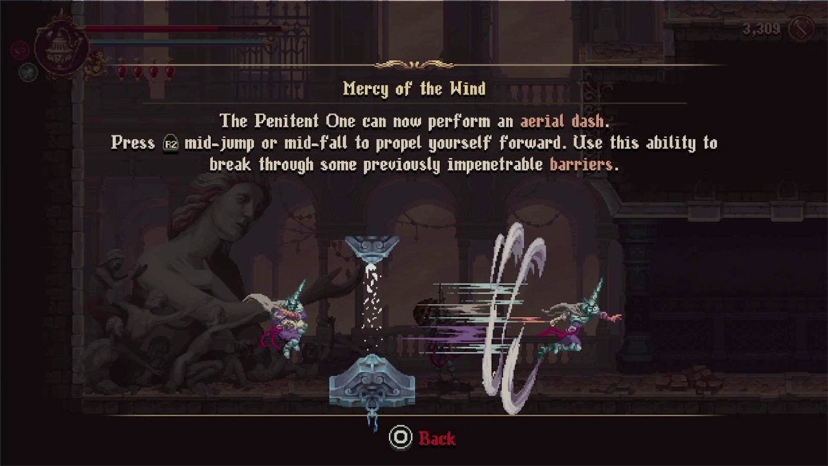A tutorial message telling players how to break through blue chains in Blasphemous 2 with the Mercy of the Wind ability.