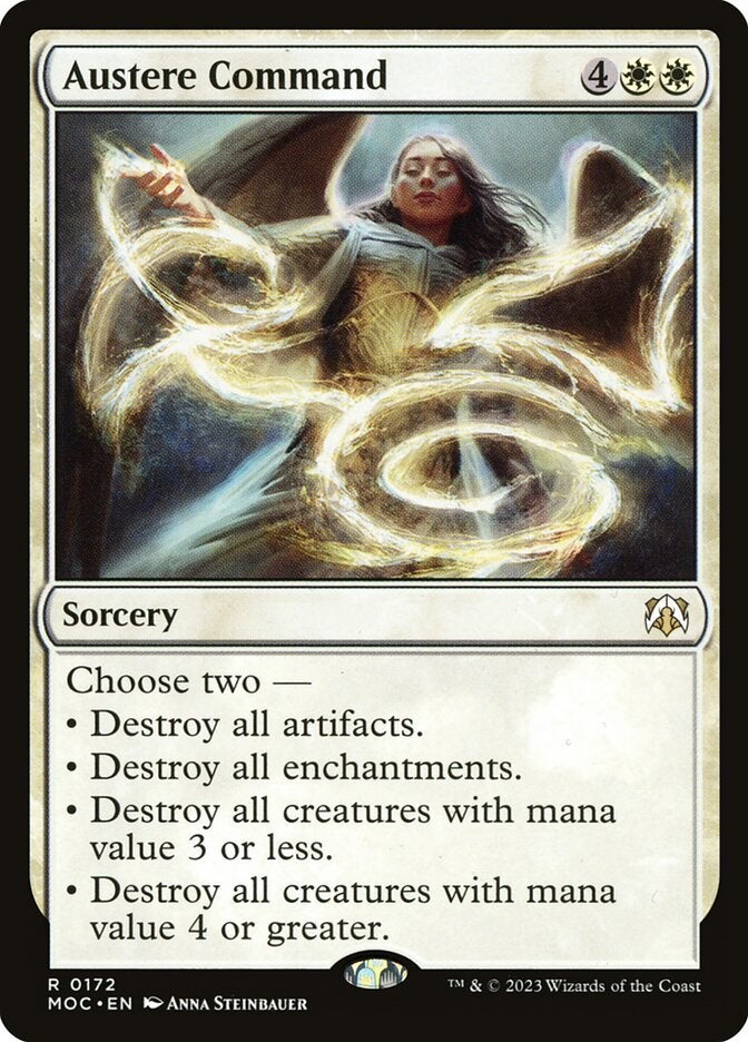 A white sorcery card in Magic: The Gathering that can destroy permanents.