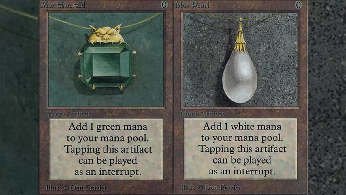The Mox Emerald and Mox Pearl cards from the Alpha set in Magic: The Gathering.