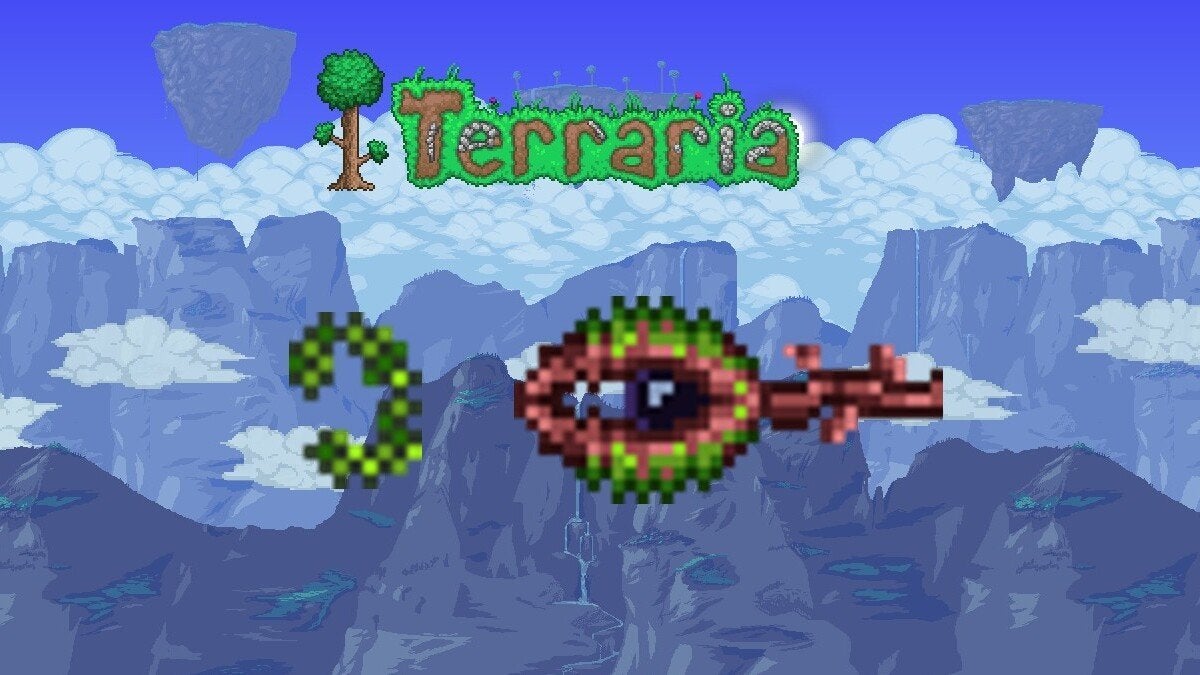 A Vine and a Man Eater beneath Terraria's title text in front of scenic blue mountainous landscape.