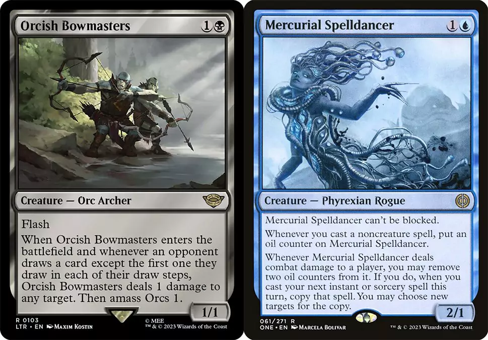 A black creature card with the Flash ability on the left and a blue creature card with 1 toughness on the right. Both are from Magic: The Gathering.