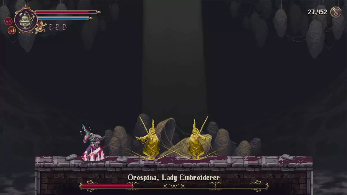 Orospina, Lady Embroiderer summoning two golden clones of herself.