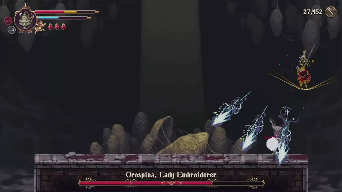 Orospina shooting three electric projectiles at the player.