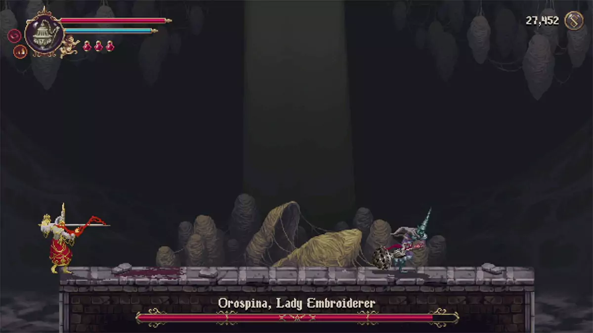 Orospina holding up her sword before lunging forward with a swift thrust.