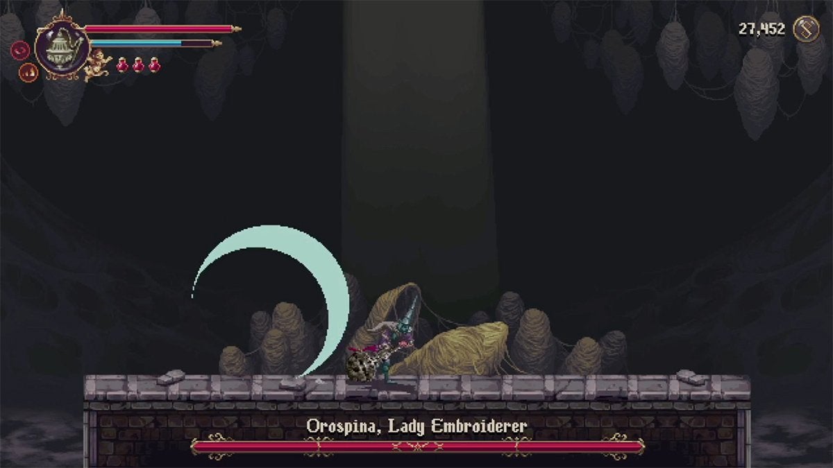 Orospina disappearing only to reappear while creating a blue slashing effect.