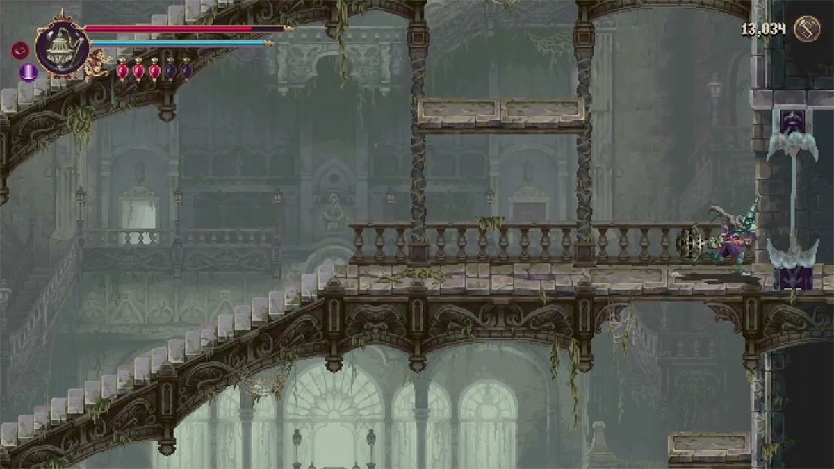 The player running through a doorway that was opened after ringing a bell.