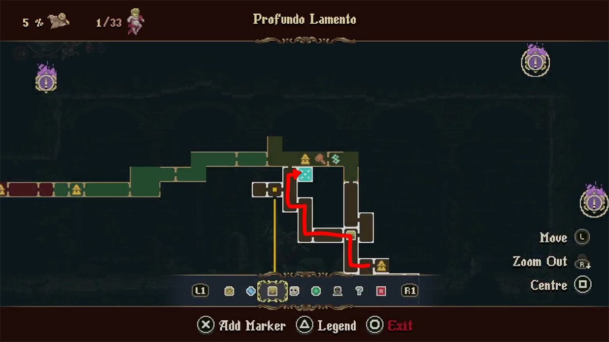 The path from Profundo Lamento's bottom-most Prie Dieu to first Empty Receptacle. The path is shown with a red arrow.