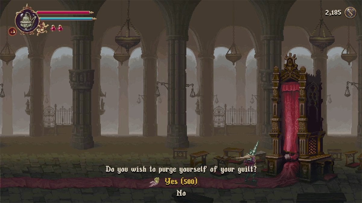 The player about to pay a Confessor 500 Tears of Atonement to remove Guilt in Blasphemous 2.