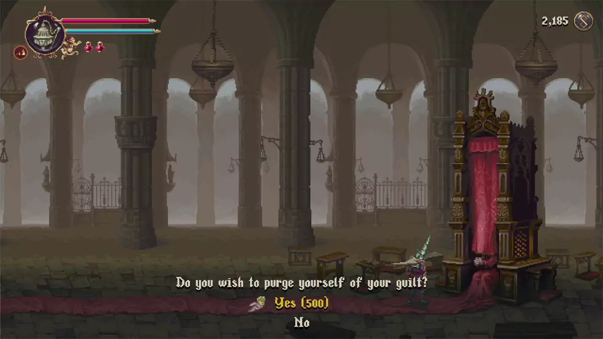 The player about to pay a Confessor 500 Tears of Atonement to remove Guilt in Blasphemous 2.