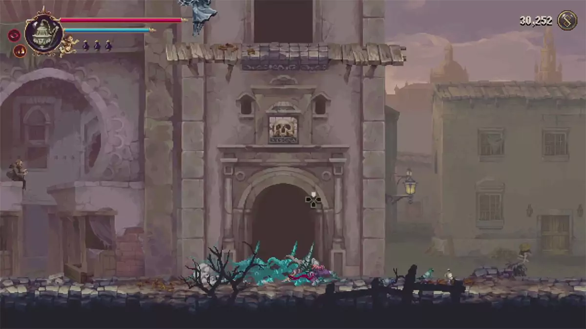 The player about to enter a shop marked with a skull sign above it.