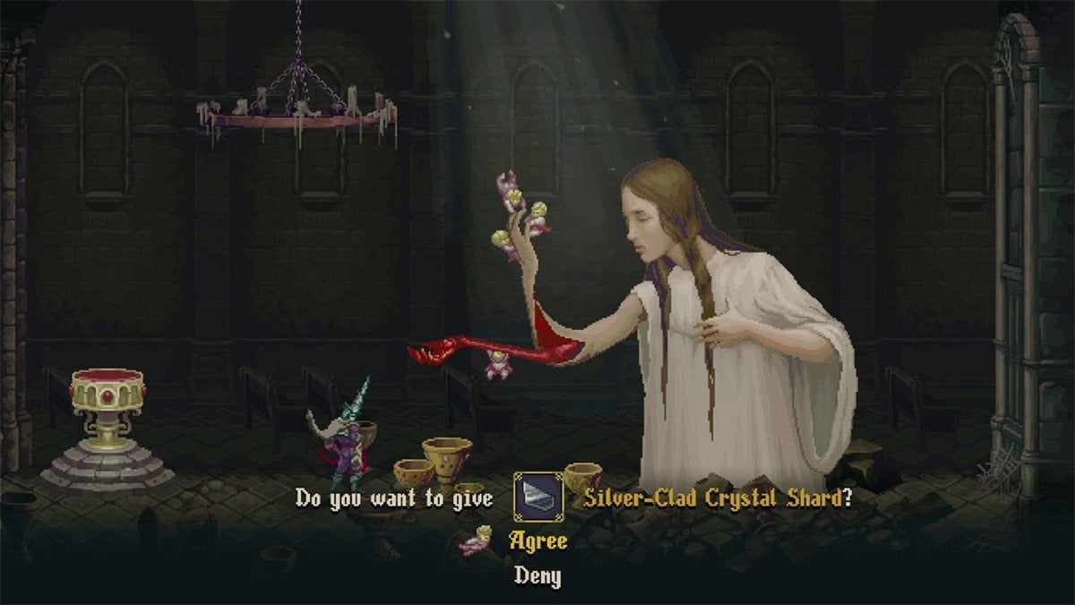 The player trading a Silver-Clad Crystal Shard to improve Bile Flasks in Blasphemous 2.