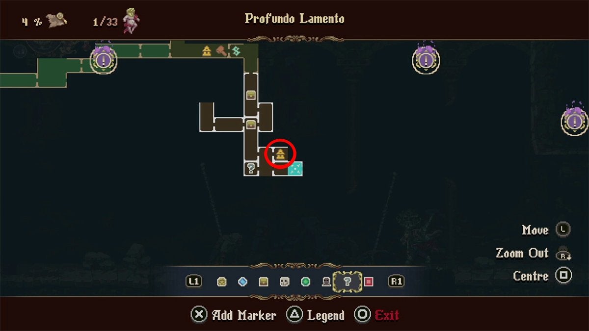 A red circle outlining the Prie Dieu the the bottom of Profundo Lamento on the map.