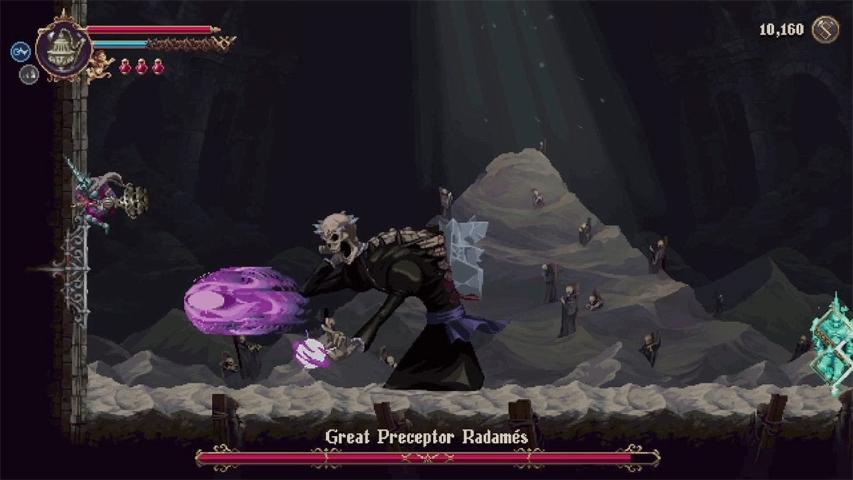 Great Preceptor Radamés shooting purple fireballs at the player.