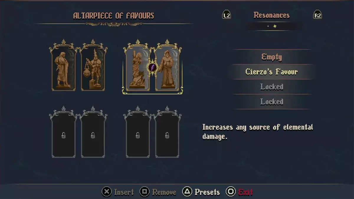 Cierzo's Favour in Blasphemous 2's Resonance menu.