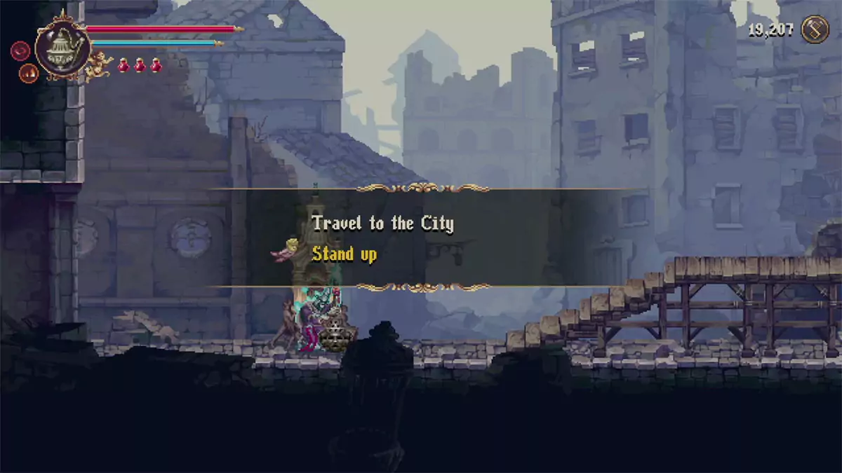 The player resting at a Prie Dieu and seeing the option to travel to the City.