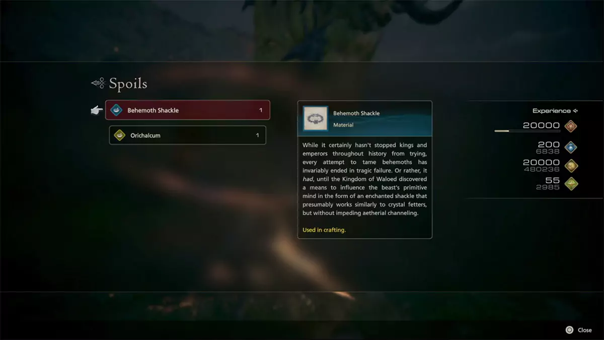 The rewards (one Behemoth Shackle and one Orichalcum) for completing the Masterless Marauder hunt in Final Fantasy 16.