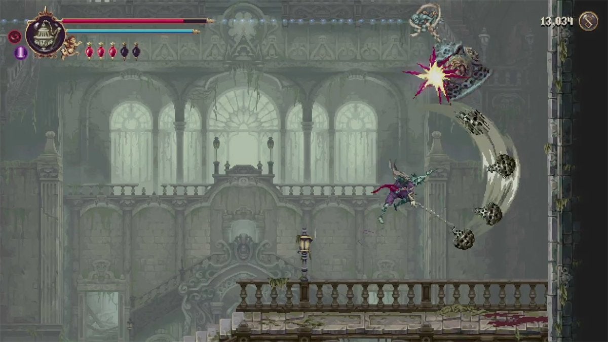The player hitting a bell in the Sunken Cathedral with a smack from Veredicto.