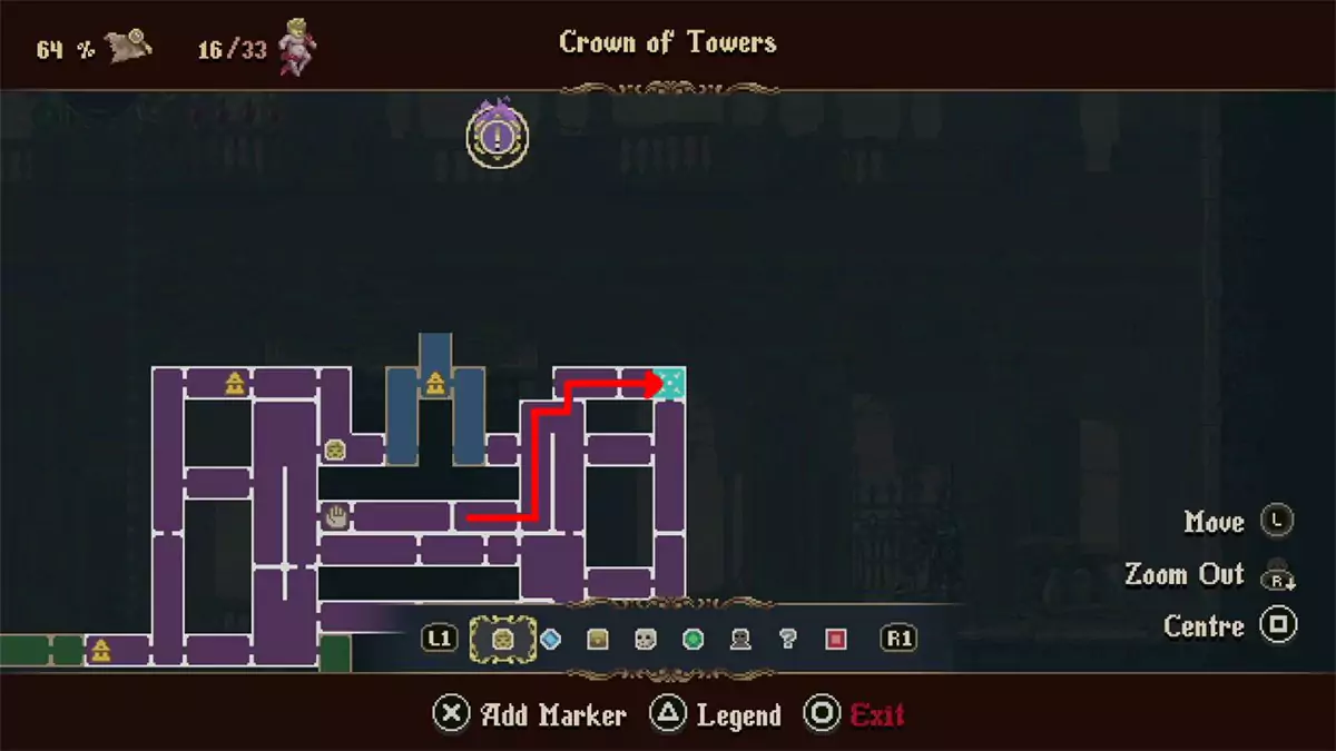 A red arrow on the map showing how to get from the Mercy of the Wind pickup location to the level 3 upgrade statue for the Ruego Al Alba.
