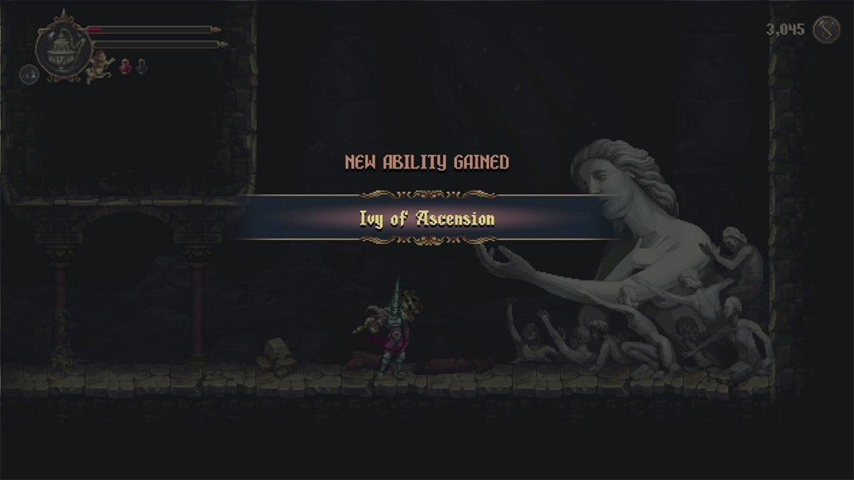 The player getting the Ivy of Ascension ability in Blasphemous 2 while its name appears on-screen.