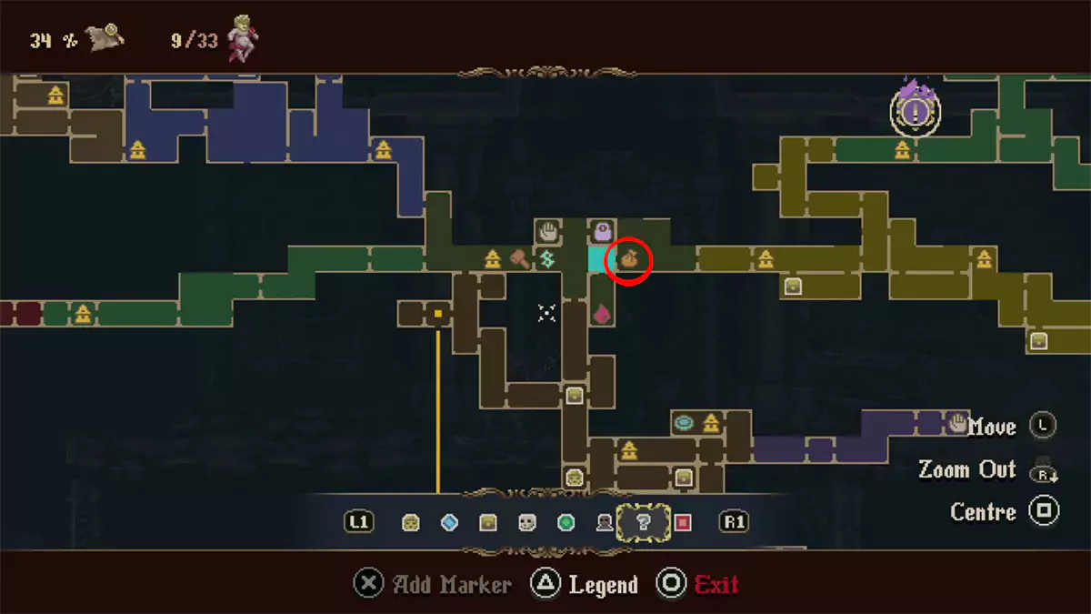 Location of Regina's shop on the map of Blasphemous 2.