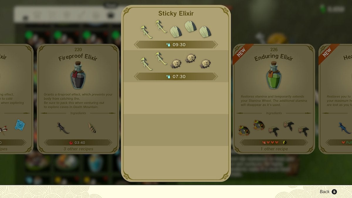 Two recipes for Sticky Elixirs in The Legend of Zelda: Tears of the Kingdom.