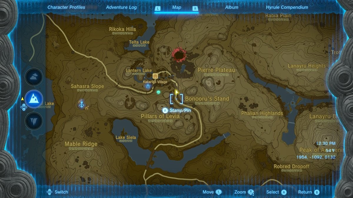 The player's yellow arrow marker on the map area near Kakariko Village where one can find lots of Sticky Frogs.