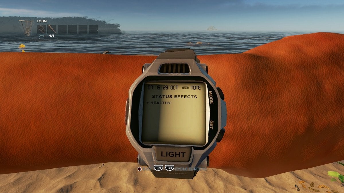 The watch in Stranded Deep showing the player's status effects.