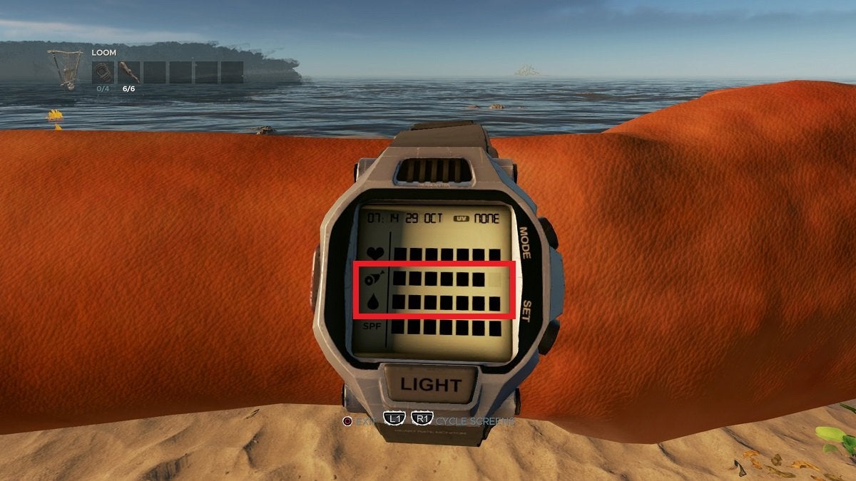 The watch from Stranded Deep showing the player's vitals.